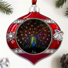 Beautiful Peacock Feather Metal Snowflake And Bell Red Ornament by Ket1n9