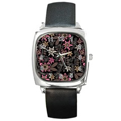 Flower Art Pattern Square Metal Watch by Ket1n9