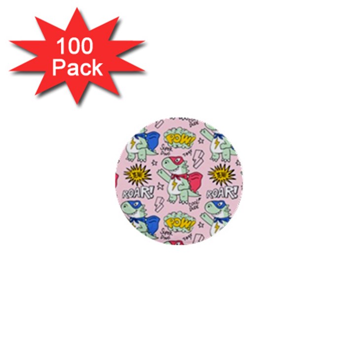 Seamless Pattern With Many Funny Cute Superhero Dinosaurs T-rex Mask Cloak With Comics Style Inscrip 1  Mini Buttons (100 pack) 