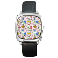 Seamless Pattern With Many Funny Cute Superhero Dinosaurs T-rex Mask Cloak With Comics Style Inscrip Square Metal Watch by Ket1n9