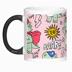 Seamless Pattern With Many Funny Cute Superhero Dinosaurs T-rex Mask Cloak With Comics Style Inscrip Morph Mug by Ket1n9