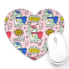 Seamless Pattern With Many Funny Cute Superhero Dinosaurs T-rex Mask Cloak With Comics Style Inscrip Heart Mousepad by Ket1n9