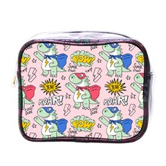 Seamless Pattern With Many Funny Cute Superhero Dinosaurs T-rex Mask Cloak With Comics Style Inscrip Mini Toiletries Bag (one Side) by Ket1n9