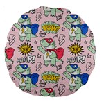 Seamless Pattern With Many Funny Cute Superhero Dinosaurs T-rex Mask Cloak With Comics Style Inscrip Large 18  Premium Round Cushions Front