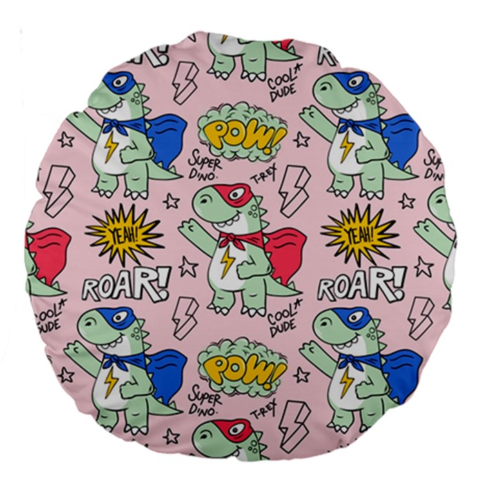 Seamless Pattern With Many Funny Cute Superhero Dinosaurs T-rex Mask Cloak With Comics Style Inscrip Large 18  Premium Round Cushions