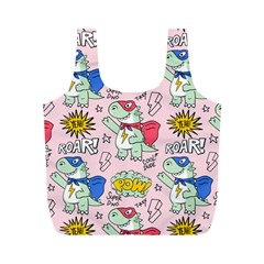 Seamless Pattern With Many Funny Cute Superhero Dinosaurs T-rex Mask Cloak With Comics Style Inscrip Full Print Recycle Bag (m) by Ket1n9