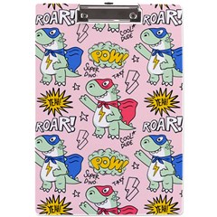 Seamless Pattern With Many Funny Cute Superhero Dinosaurs T-rex Mask Cloak With Comics Style Inscrip A4 Acrylic Clipboard by Ket1n9