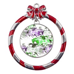 Horse Horses Animal World Green Metal Red Ribbon Round Ornament by Ket1n9