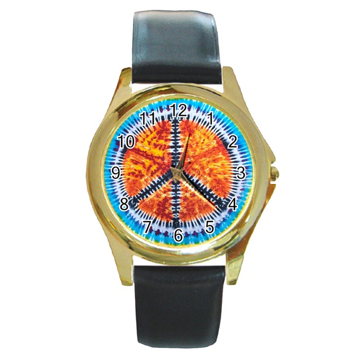 Tie Dye Peace Sign Round Gold Metal Watch