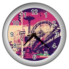 Pink City Retro Vintage Futurism Art Wall Clock (silver) by Ket1n9