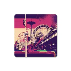 Pink City Retro Vintage Futurism Art Square Magnet by Ket1n9