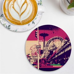 Pink City Retro Vintage Futurism Art Uv Print Round Tile Coaster by Ket1n9