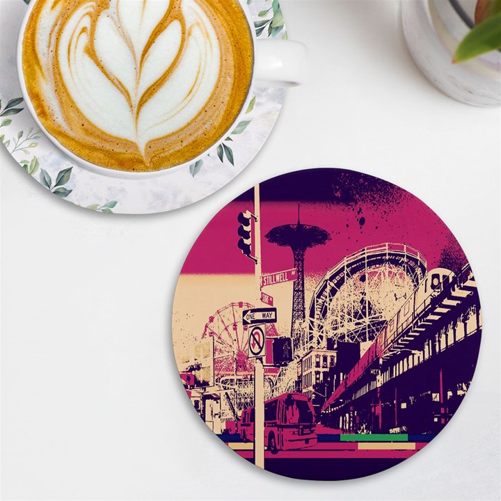 Pink City Retro Vintage Futurism Art UV Print Round Tile Coaster