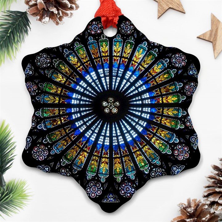 Stained Glass Rose Window In France s Strasbourg Cathedral Snowflake Ornament (Two Sides)