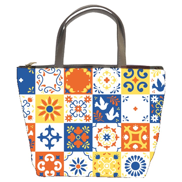 Mexican Talavera Pattern Ceramic Tiles With Flower Leaves Bird Ornaments Traditional Majolica Style Bucket Bag