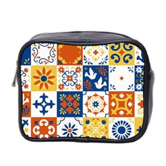 Mexican Talavera Pattern Ceramic Tiles With Flower Leaves Bird Ornaments Traditional Majolica Style Mini Toiletries Bag (two Sides) by Ket1n9