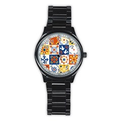 Mexican Talavera Pattern Ceramic Tiles With Flower Leaves Bird Ornaments Traditional Majolica Style Stainless Steel Round Watch by Ket1n9