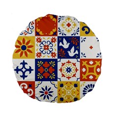 Mexican Talavera Pattern Ceramic Tiles With Flower Leaves Bird Ornaments Traditional Majolica Style Standard 15  Premium Flano Round Cushions by Ket1n9