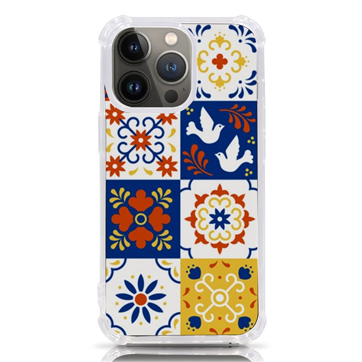 Mexican Talavera Pattern Ceramic Tiles With Flower Leaves Bird Ornaments Traditional Majolica Style iPhone 13 Pro TPU UV Print Case