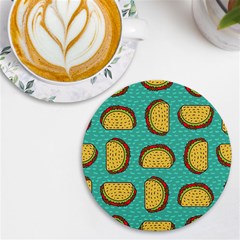 Taco Drawing Background Mexican Fast Food Pattern Uv Print Round Tile Coaster by Ket1n9