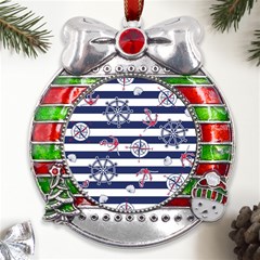 Seamless Marine Pattern Metal X mas Ribbon With Red Crystal Round Ornament by Ket1n9