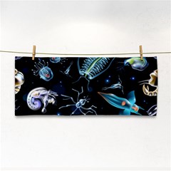 Colorful Abstract Pattern Consisting Glowing Lights Luminescent Images Marine Plankton Dark Backgrou Hand Towel by Ket1n9