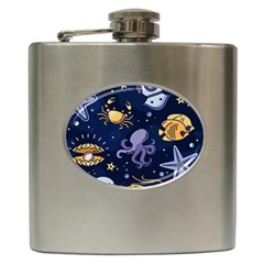 Marine Seamless Pattern Thin Line Memphis Style Hip Flask (6 Oz) by Ket1n9