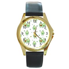 Cute Seamless Pattern With Avocado Lovers Round Gold Metal Watch by Ket1n9