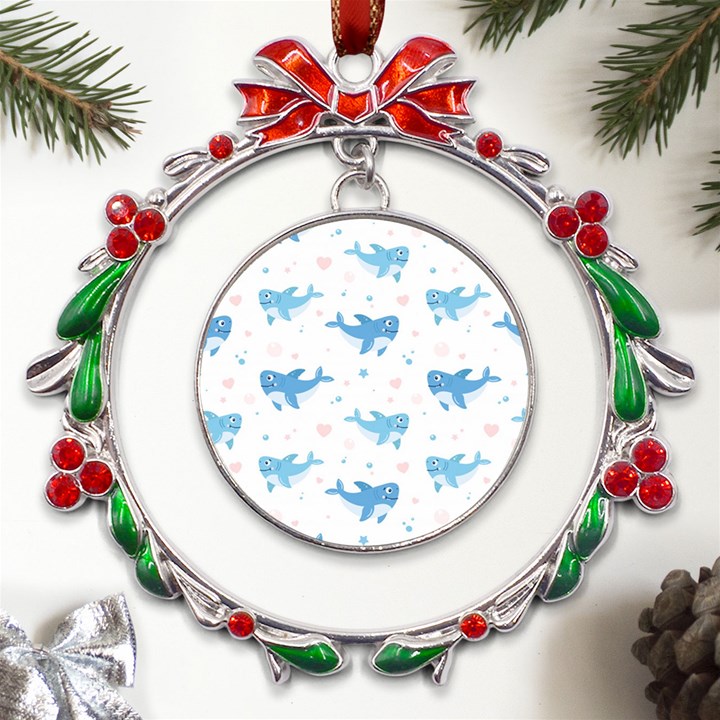 Seamless Pattern With Cute Sharks Hearts Metal X mas Wreath Ribbon Ornament