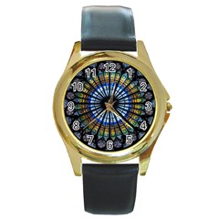 Stained Glass Rose Window In France s Strasbourg Cathedral Round Gold Metal Watch by Ket1n9