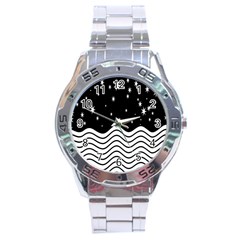 Black And White Waves And Stars Abstract Backdrop Clipart Stainless Steel Analogue Watch