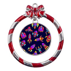 Space Patterns Metal Red Ribbon Round Ornament by Hannah976