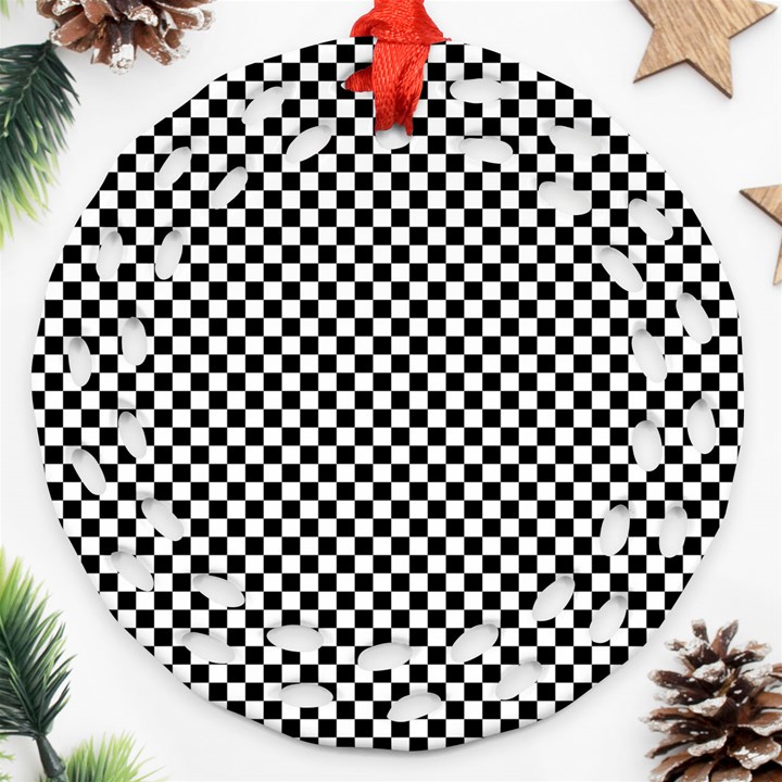 Black And White Checkerboard Background Board Checker Round Filigree Ornament (Two Sides)