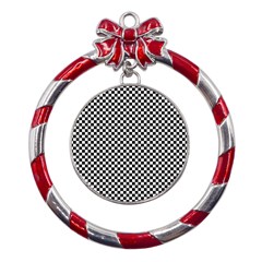 Black And White Checkerboard Background Board Checker Metal Red Ribbon Round Ornament by Hannah976