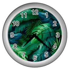 Tropical Green Leaves Background Wall Clock (silver) by Hannah976