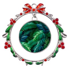 Tropical Green Leaves Background Metal X mas Wreath Ribbon Ornament by Hannah976