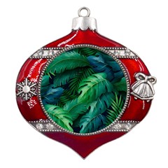 Tropical Green Leaves Background Metal Snowflake And Bell Red Ornament by Hannah976