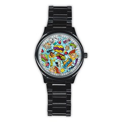 Comic Elements Colorful Seamless Pattern Stainless Steel Round Watch by Hannah976