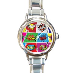 Pop Art Comic Vector Speech Cartoon Bubbles Popart Style With Humor Text Boom Bang Bubbling Expressi Round Italian Charm Watch by Hannah976