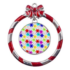 Snowflake Pattern Repeated Metal Red Ribbon Round Ornament by Hannah976