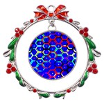 Blue Bee Hive Pattern Metal X mas Wreath Ribbon Ornament Front