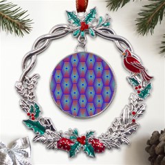 Red Blue Bee Hive Pattern Metal X mas Wreath Holly Leaf Ornament by Hannah976