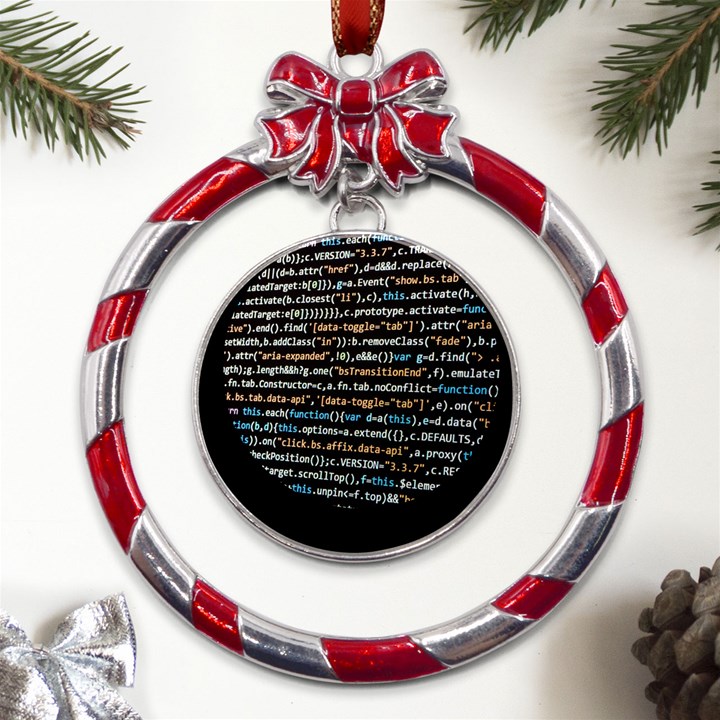 Close Up Code Coding Computer Metal Red Ribbon Round Ornament