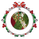 Christmas Quilt Background Metal X mas Wreath Ribbon Ornament Front