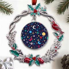 Colorful Background Moons Stars Metal X mas Wreath Holly Leaf Ornament by Ndabl3x