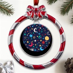 Colorful Background Moons Stars Metal Red Ribbon Round Ornament by Ndabl3x