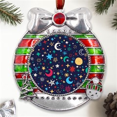 Colorful Background Moons Stars Metal X mas Ribbon With Red Crystal Round Ornament by Ndabl3x