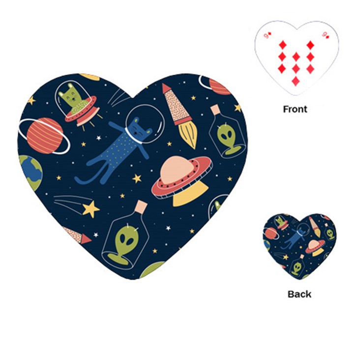 Seamless Pattern With Funny Alien Cat Galaxy Playing Cards Single Design (Heart)