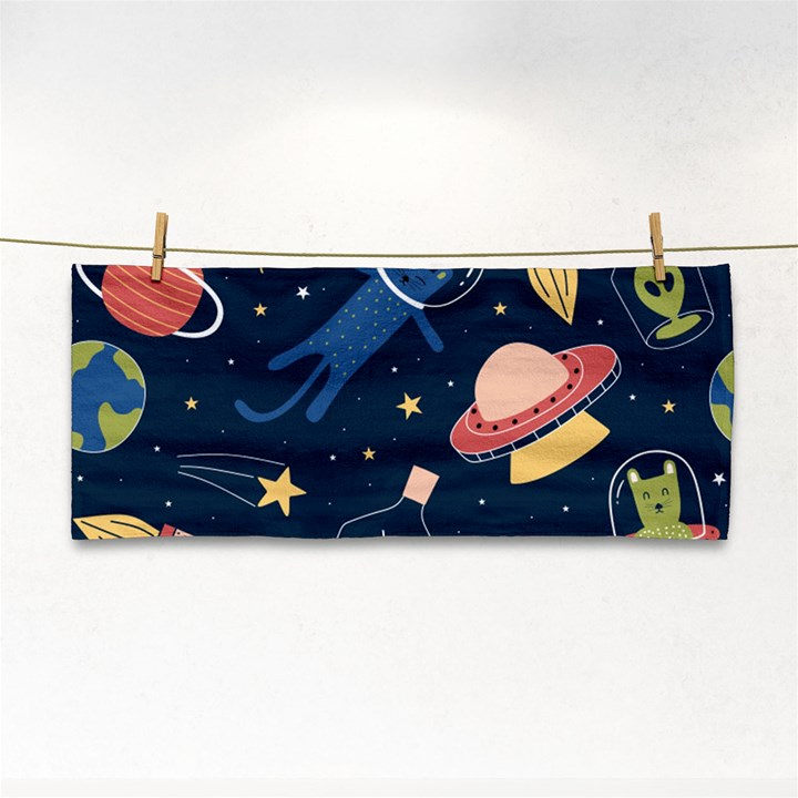 Seamless Pattern With Funny Alien Cat Galaxy Hand Towel