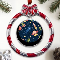 Seamless Pattern With Funny Alien Cat Galaxy Metal Red Ribbon Round Ornament by Ndabl3x